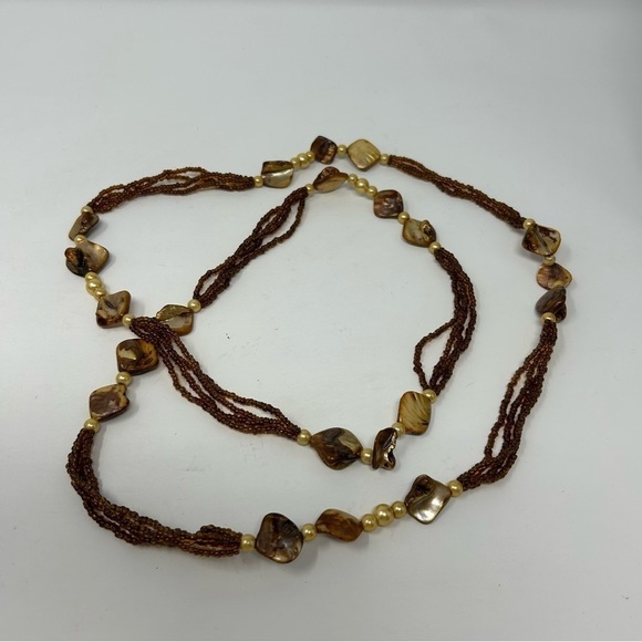 Yellow Amber Color Dyed Mother of Pearl Shell Layered Necklace Seed Beads 22.5" - Picture 7 of 10